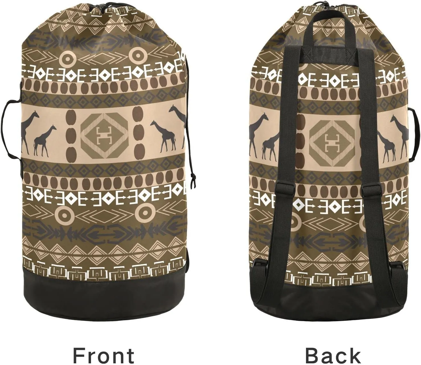Oyihfvs Brown Ethnic Tribal Elements with Giraffes Texture Backpack Laundry Bag, Laundry Backpack with Shoulder Straps, Waterproof Nylon Clothes Hamper Bag for Men Women Yoga Backpack