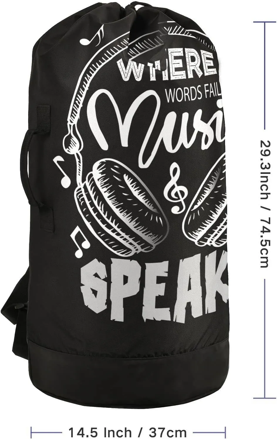 Oyihfvs Music Notes Earphone with Where Words Fail, Music Speaks on Black Backpack Laundry Bag, Laundry Backpack with Shoulder Straps, Waterproof Nylon Clothes Hamper Bag for Men Women Yoga Backpack