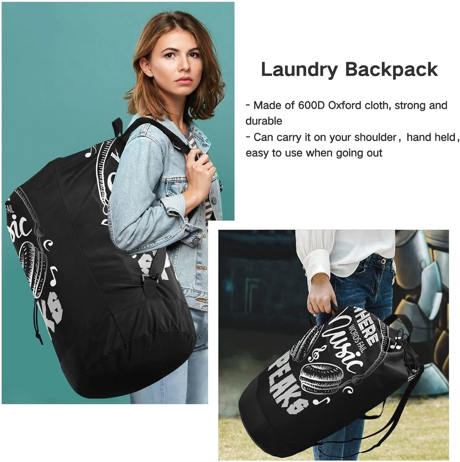 Oyihfvs Music Notes Earphone with Where Words Fail, Music Speaks on Black Backpack Laundry Bag, Laundry Backpack with Shoulder Straps, Waterproof Nylon Clothes Hamper Bag for Men Women Yoga Backpack