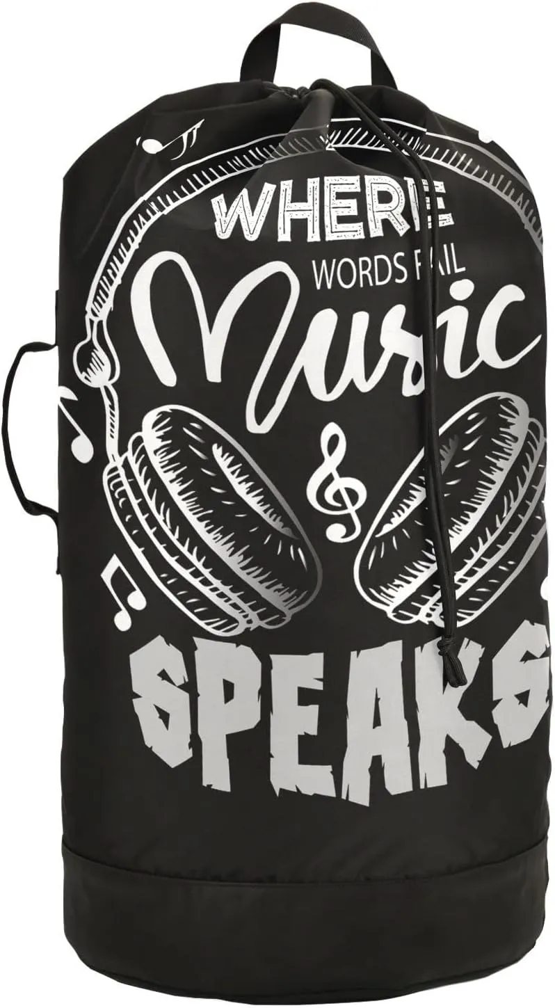 Oyihfvs Music Notes Earphone with Where Words Fail, Music Speaks on Black Backpack Laundry Bag, Laundry Backpack with Shoulder Straps, Waterproof Nylon Clothes Hamper Bag for Men Women Yoga Backpack