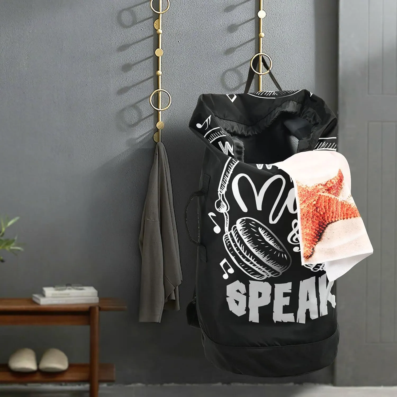 Oyihfvs Music Notes Earphone with Where Words Fail, Music Speaks on Black Backpack Laundry Bag, Laundry Backpack with Shoulder Straps, Waterproof Nylon Clothes Hamper Bag for Men Women Yoga Backpack