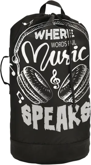 Oyihfvs Music Notes Earphone with Where Words Fail, Music Speaks on Black Backpack Laundry Bag, Laundry Backpack with Shoulder Straps, Waterproof Nylon Clothes Hamper Bag for Men Women Yoga Backpack