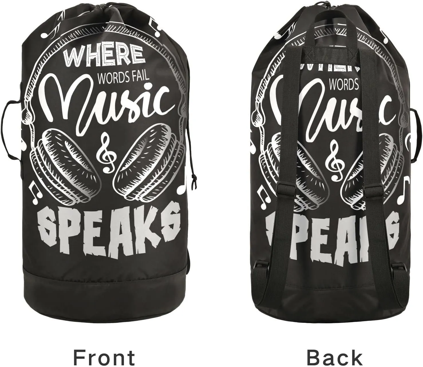 Oyihfvs Music Notes Earphone with Where Words Fail, Music Speaks on Black Backpack Laundry Bag, Laundry Backpack with Shoulder Straps, Waterproof Nylon Clothes Hamper Bag for Men Women Yoga Backpack