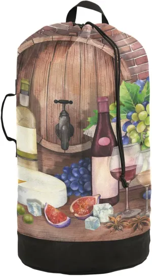 Oyihfvs Red Wine Bottles Glasses, Cheese Grapes Cork on Wood with Bricks Backpack Laundry Bag, Laundry Backpack with Shoulder Straps, Waterproof Nylon Clothes Hamper Bag for Men Women Yoga Backpack