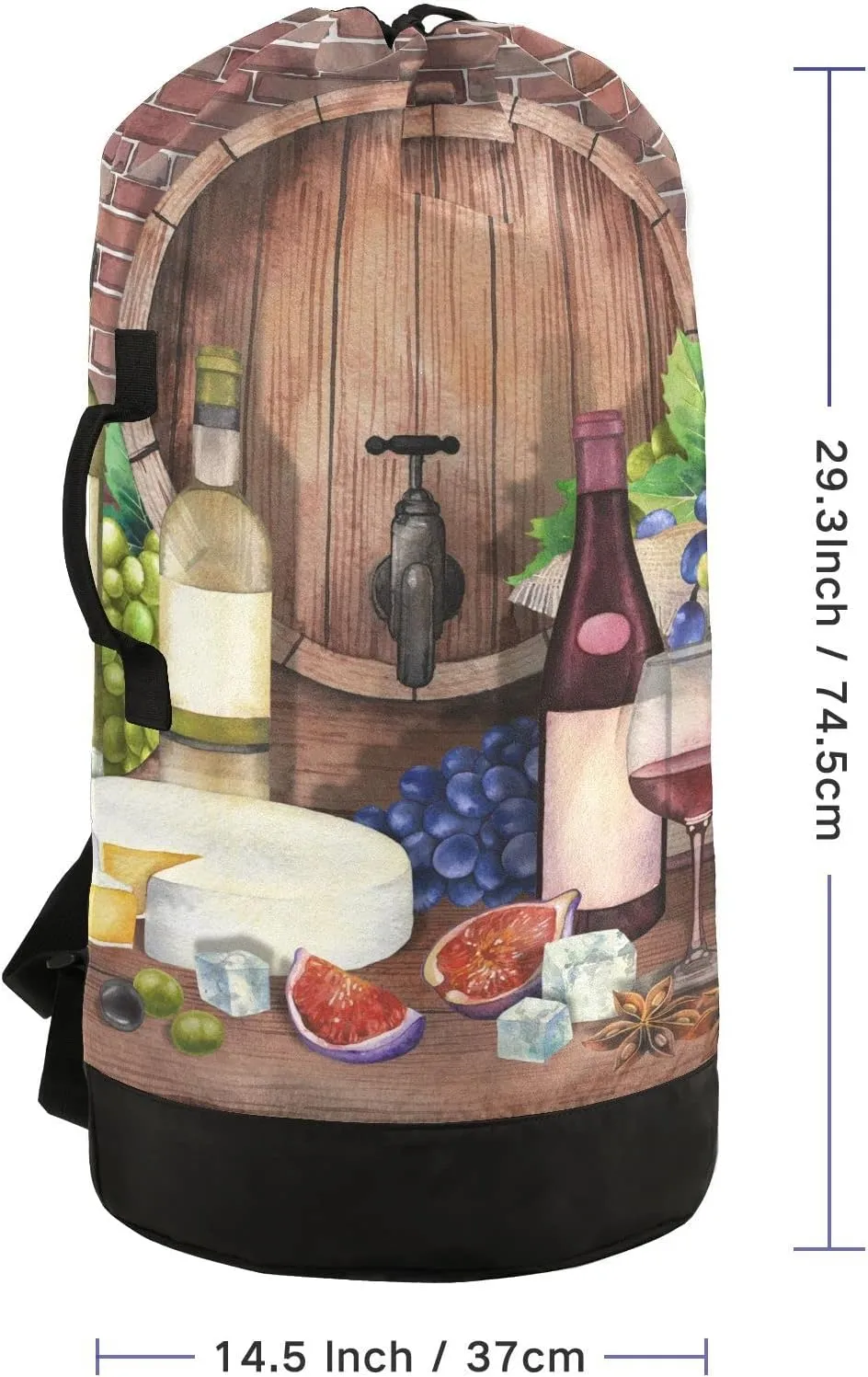 Oyihfvs Red Wine Bottles Glasses, Cheese Grapes Cork on Wood with Bricks Backpack Laundry Bag, Laundry Backpack with Shoulder Straps, Waterproof Nylon Clothes Hamper Bag for Men Women Yoga Backpack