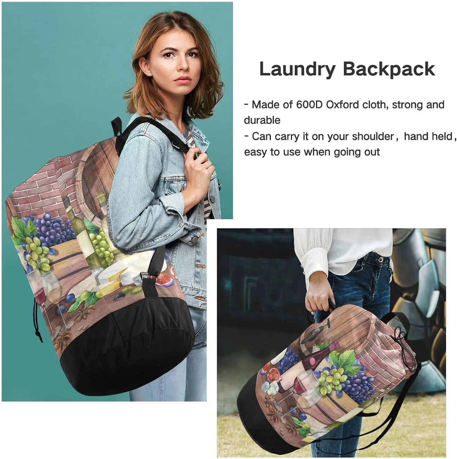 Oyihfvs Red Wine Bottles Glasses, Cheese Grapes Cork on Wood with Bricks Backpack Laundry Bag, Laundry Backpack with Shoulder Straps, Waterproof Nylon Clothes Hamper Bag for Men Women Yoga Backpack