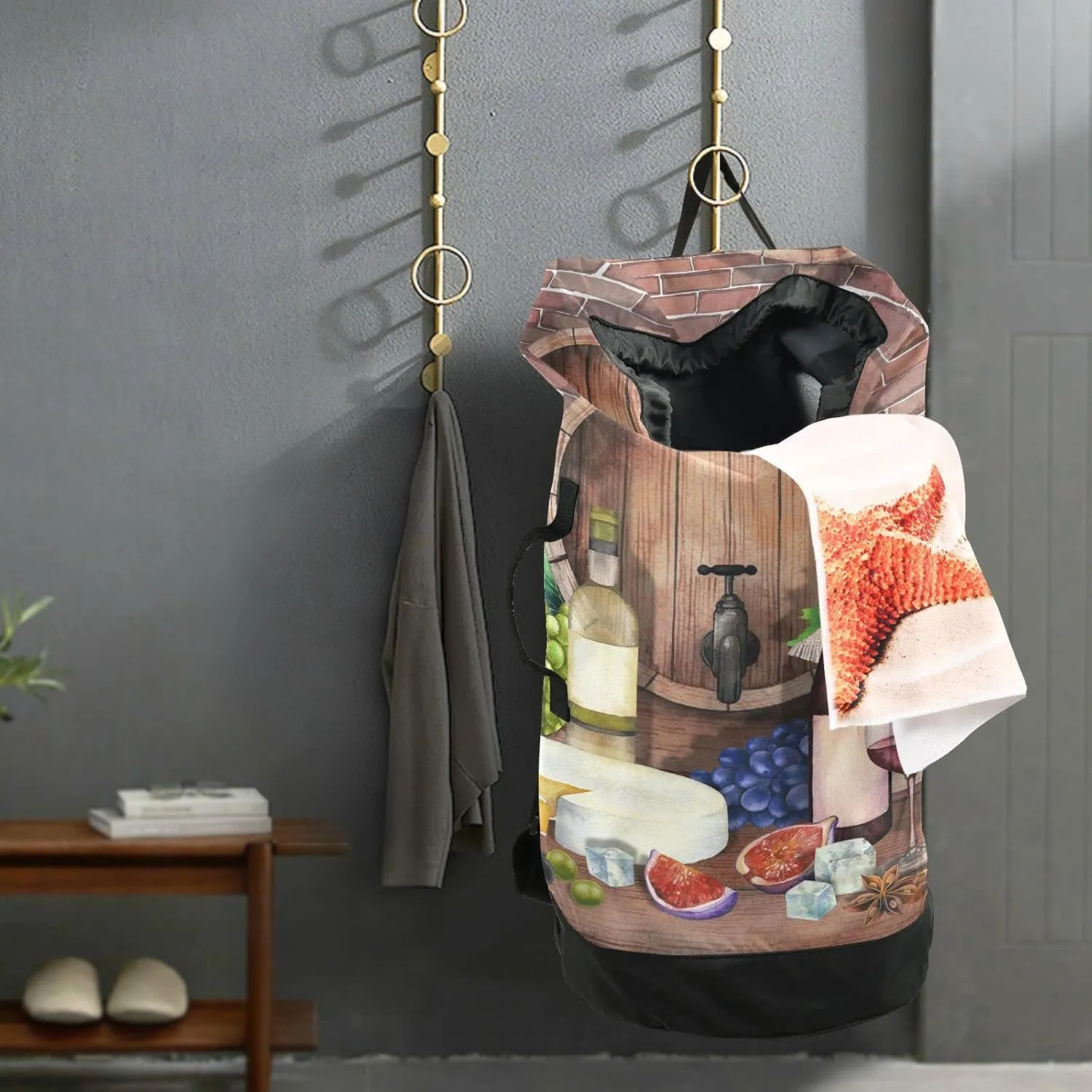 Oyihfvs Red Wine Bottles Glasses, Cheese Grapes Cork on Wood with Bricks Backpack Laundry Bag, Laundry Backpack with Shoulder Straps, Waterproof Nylon Clothes Hamper Bag for Men Women Yoga Backpack