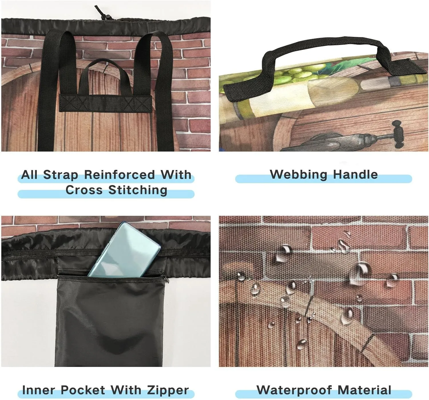 Oyihfvs Red Wine Bottles Glasses, Cheese Grapes Cork on Wood with Bricks Backpack Laundry Bag, Laundry Backpack with Shoulder Straps, Waterproof Nylon Clothes Hamper Bag for Men Women Yoga Backpack