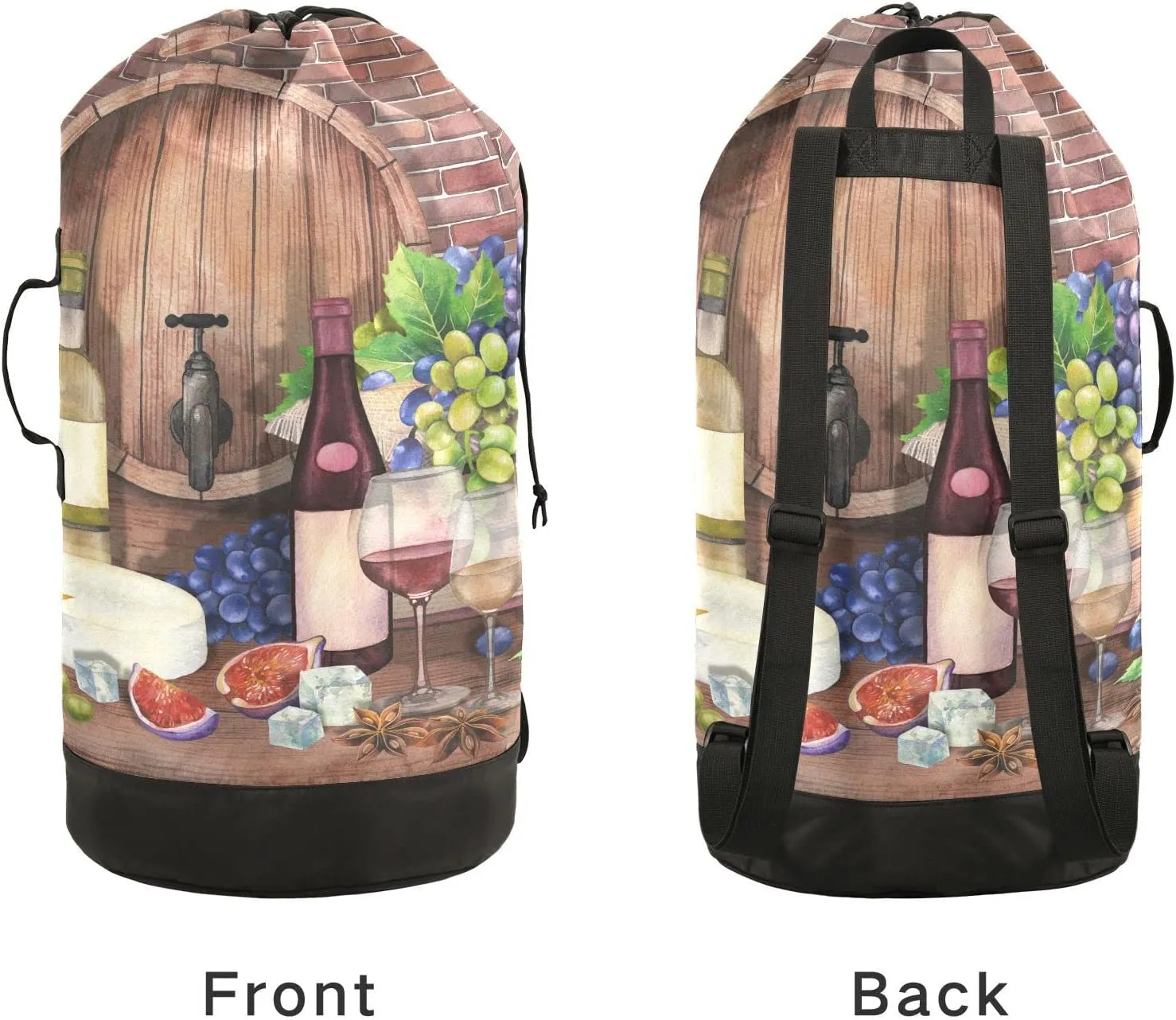 Oyihfvs Red Wine Bottles Glasses, Cheese Grapes Cork on Wood with Bricks Backpack Laundry Bag, Laundry Backpack with Shoulder Straps, Waterproof Nylon Clothes Hamper Bag for Men Women Yoga Backpack
