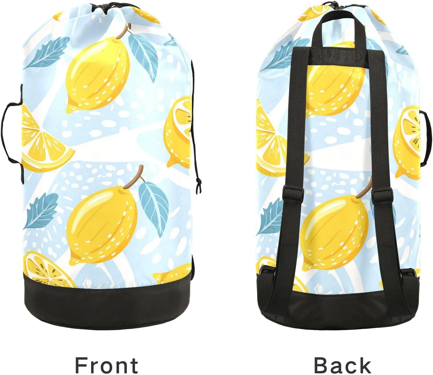 Oyihfvs Seamless Lemons, Lemon Slices, Mint Leaves on Abstract Blue Art Backpack Laundry Bag, Laundry Backpack with Shoulder Straps, Waterproof Nylon Clothes Hamper Bag for Men Women Yoga Backpack