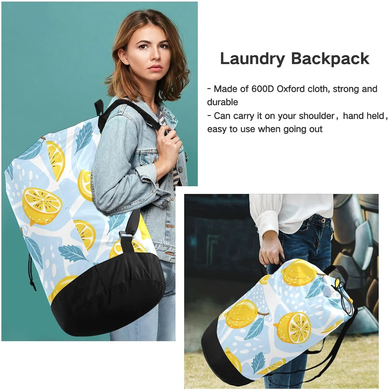 Oyihfvs Seamless Lemons, Lemon Slices, Mint Leaves on Abstract Blue Art Backpack Laundry Bag, Laundry Backpack with Shoulder Straps, Waterproof Nylon Clothes Hamper Bag for Men Women Yoga Backpack