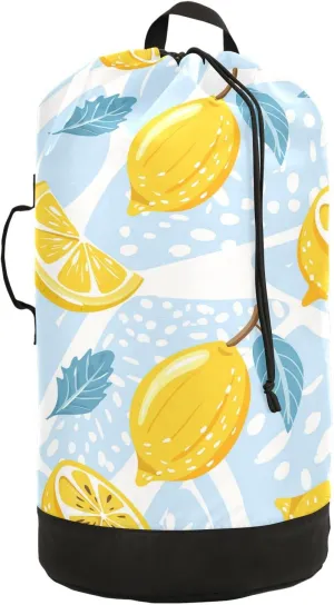 Oyihfvs Seamless Lemons, Lemon Slices, Mint Leaves on Abstract Blue Art Backpack Laundry Bag, Laundry Backpack with Shoulder Straps, Waterproof Nylon Clothes Hamper Bag for Men Women Yoga Backpack