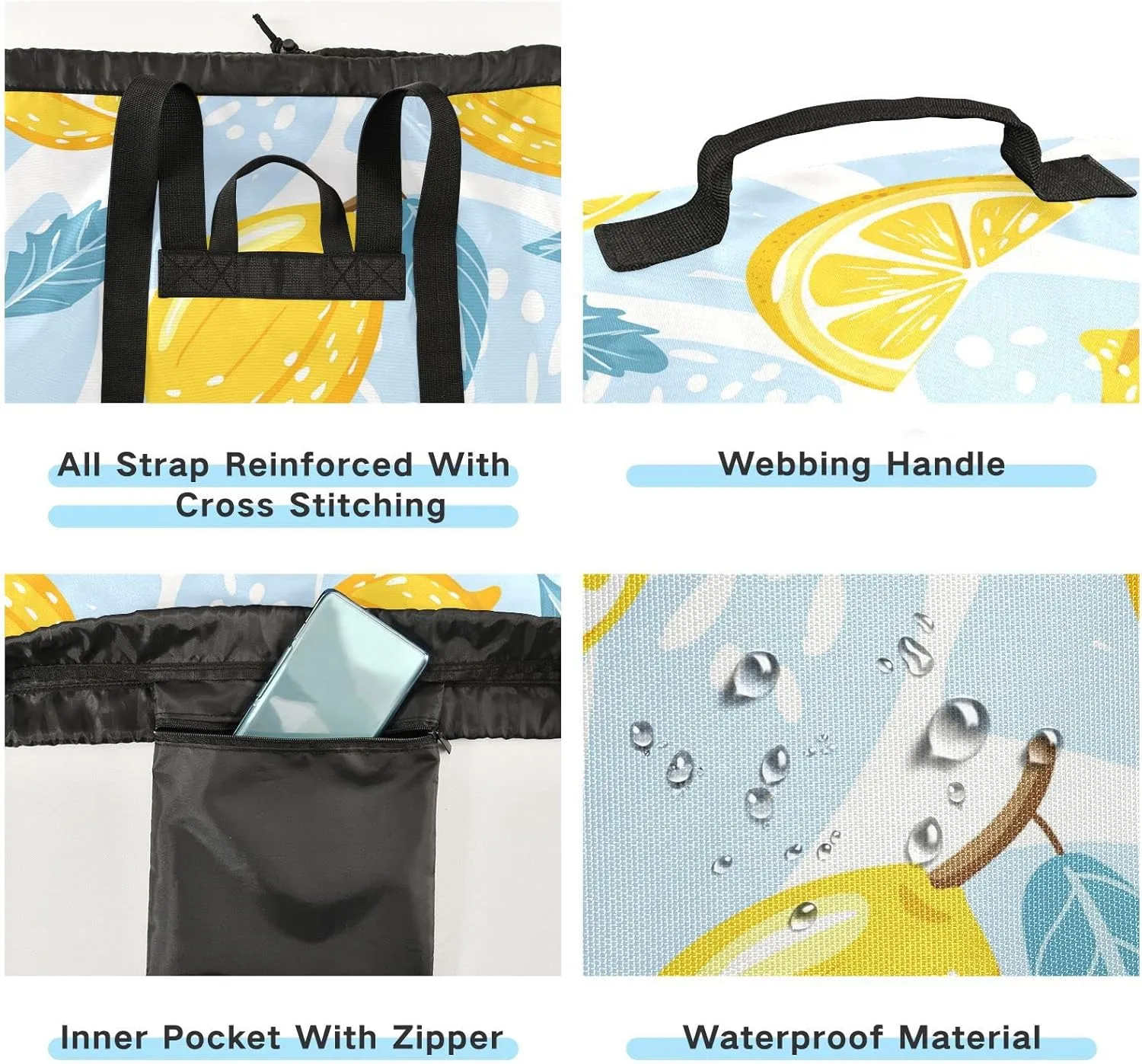 Oyihfvs Seamless Lemons, Lemon Slices, Mint Leaves on Abstract Blue Art Backpack Laundry Bag, Laundry Backpack with Shoulder Straps, Waterproof Nylon Clothes Hamper Bag for Men Women Yoga Backpack