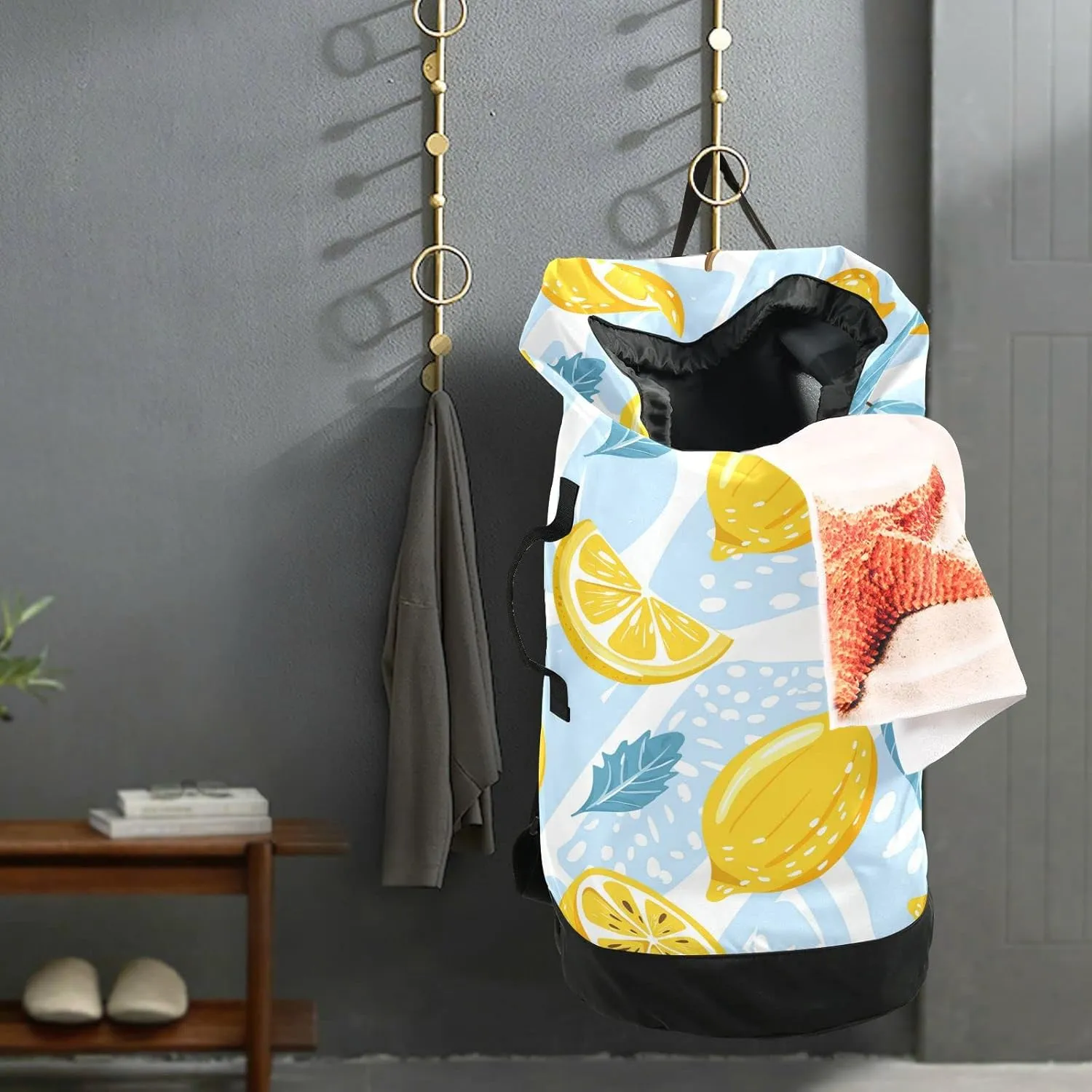 Oyihfvs Seamless Lemons, Lemon Slices, Mint Leaves on Abstract Blue Art Backpack Laundry Bag, Laundry Backpack with Shoulder Straps, Waterproof Nylon Clothes Hamper Bag for Men Women Yoga Backpack