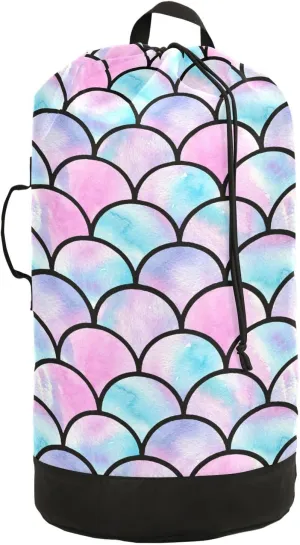 Oyihfvs Seamless Watercolor Lilac Scales of Mermaid Fishes Backpack Laundry Bag, Laundry Backpack with Shoulder Straps, Waterproof Nylon Clothes Hamper Bag for Men Women Yoga Backpack