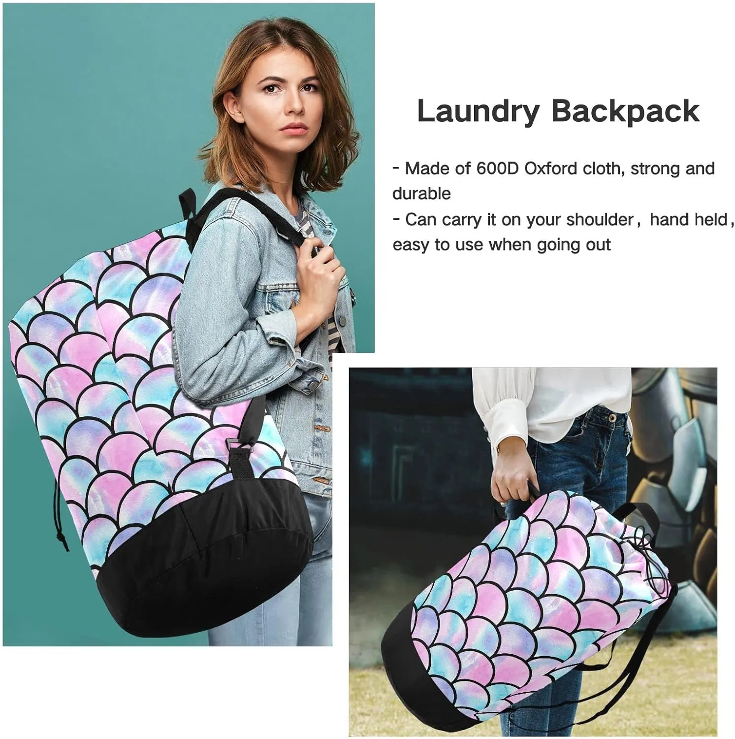 Oyihfvs Seamless Watercolor Lilac Scales of Mermaid Fishes Backpack Laundry Bag, Laundry Backpack with Shoulder Straps, Waterproof Nylon Clothes Hamper Bag for Men Women Yoga Backpack
