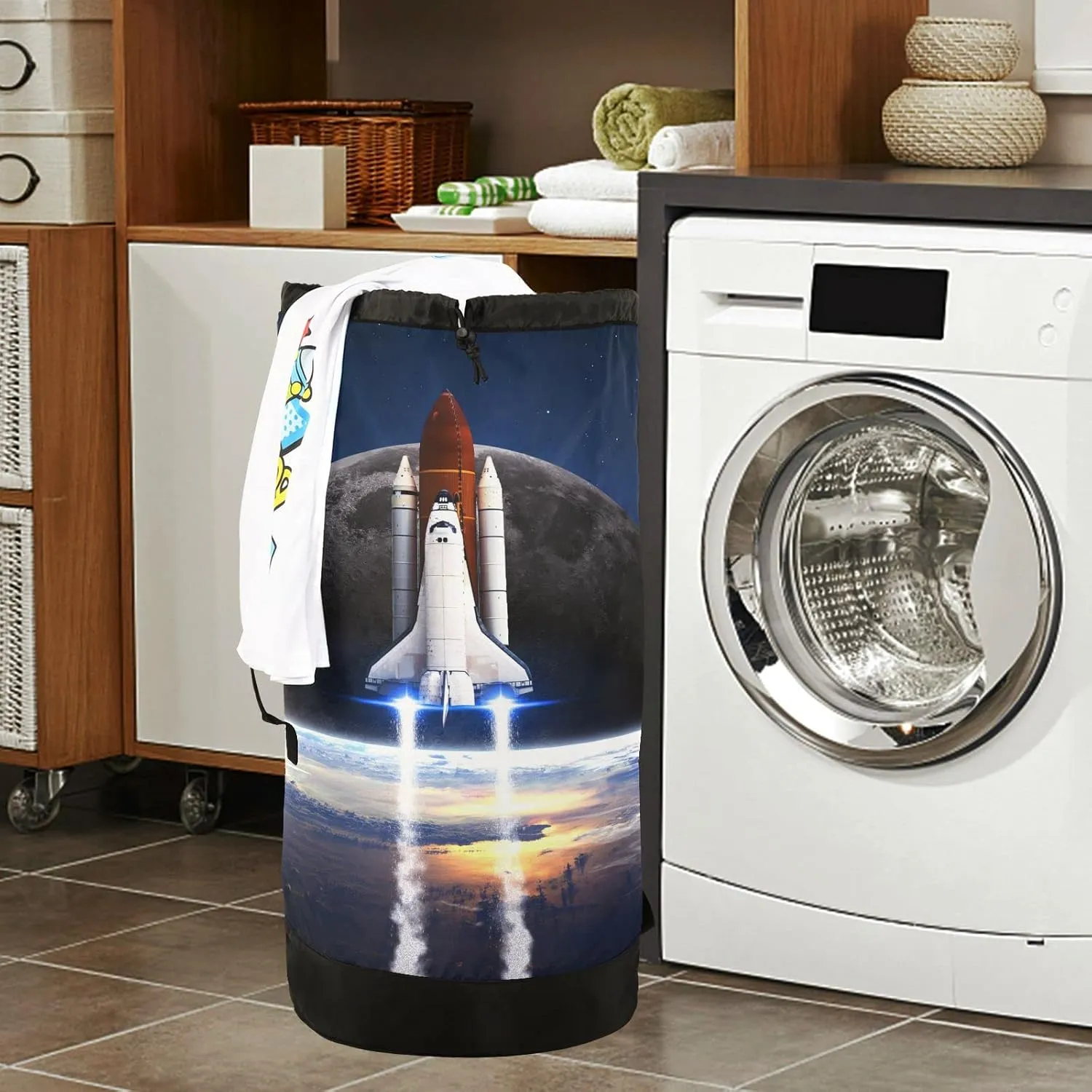 Oyihfvs Space Shuttle Taking Off on a Mission Galaxy Space Nebula Backpack Laundry Bag, Laundry Backpack with Shoulder Straps, Waterproof Nylon Clothes Hamper Bag for Men Women Yoga Backpack