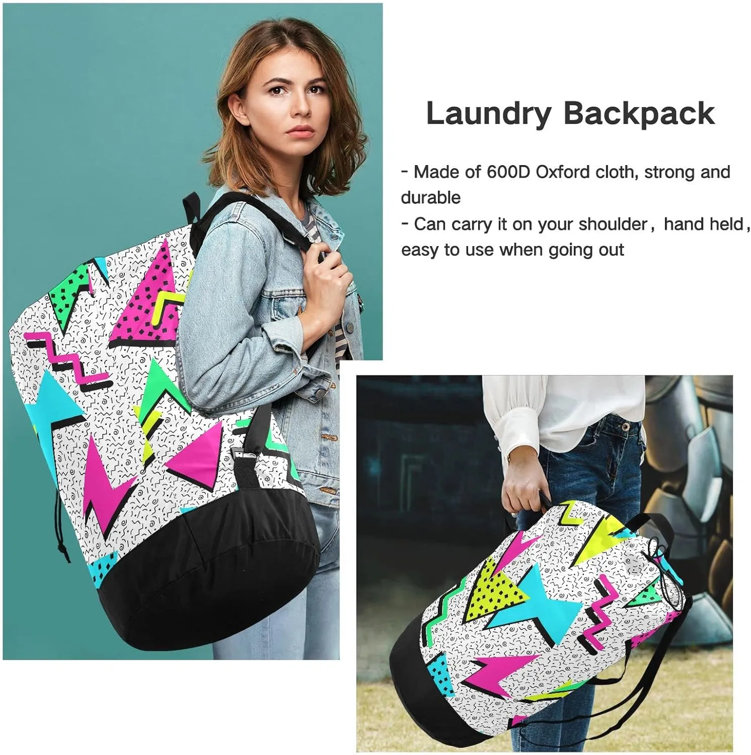 Oyihfvs Trendy Memphis Polygonal Elements Seamless Colorful Geometric Backpack Laundry Bag, Laundry Backpack with Shoulder Straps, Waterproof Nylon Clothes Hamper Bag for Men Women Yoga Backpack