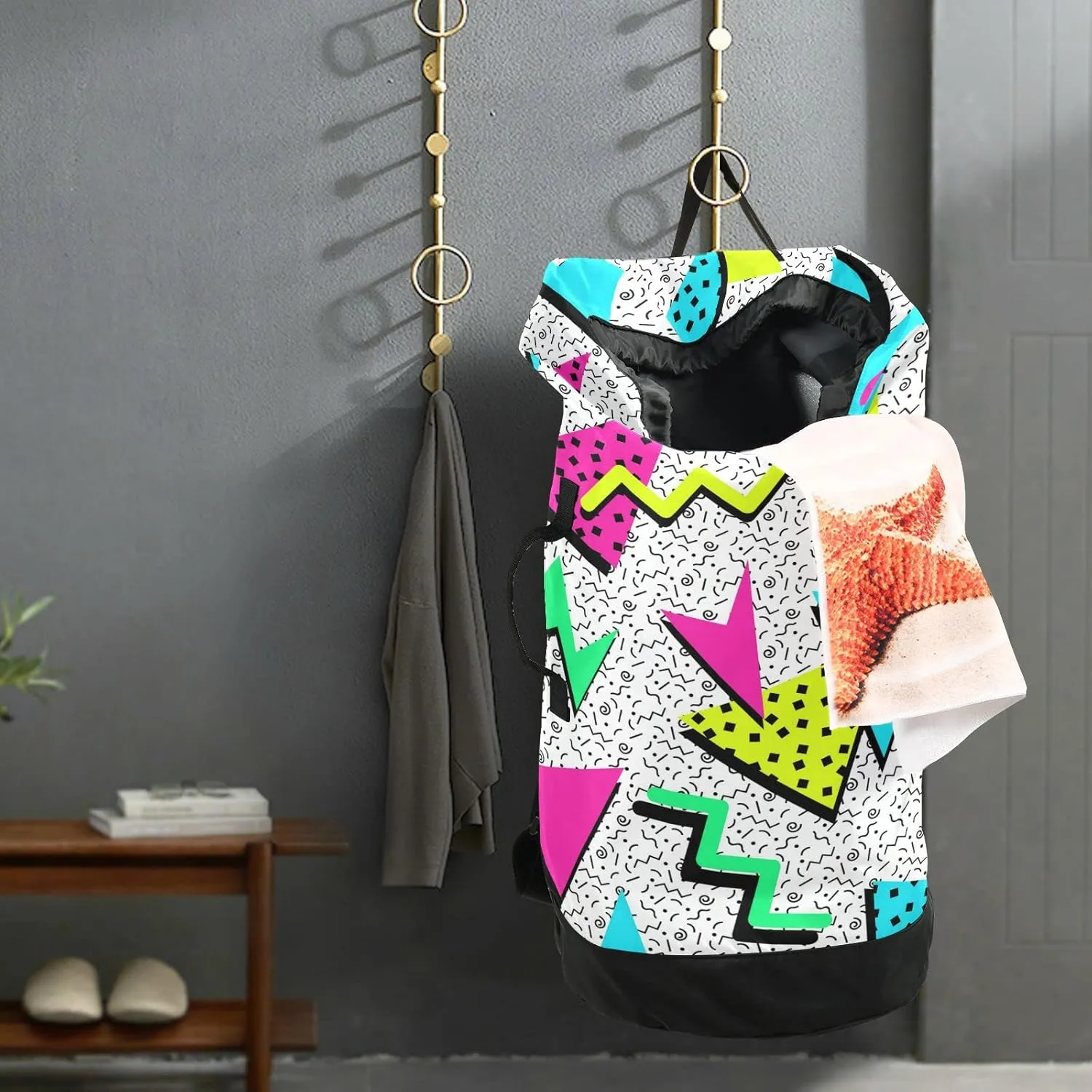 Oyihfvs Trendy Memphis Polygonal Elements Seamless Colorful Geometric Backpack Laundry Bag, Laundry Backpack with Shoulder Straps, Waterproof Nylon Clothes Hamper Bag for Men Women Yoga Backpack