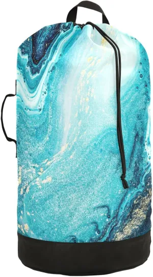 Oyihfvs Turquoise Paint Abstract Marine Art Luxury Marble Agate Ripples Backpack Laundry Bag, Laundry Backpack with Shoulder Straps, Waterproof Nylon Clothes Hamper Bag for Men Women Yoga Backpack