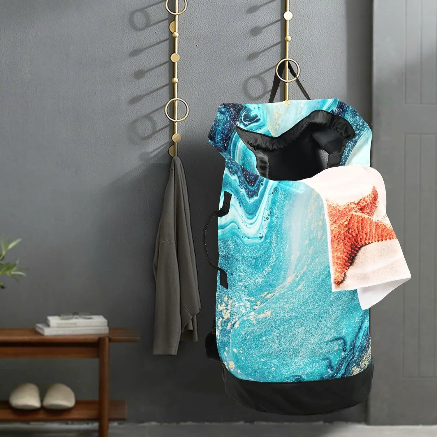 Oyihfvs Turquoise Paint Abstract Marine Art Luxury Marble Agate Ripples Backpack Laundry Bag, Laundry Backpack with Shoulder Straps, Waterproof Nylon Clothes Hamper Bag for Men Women Yoga Backpack