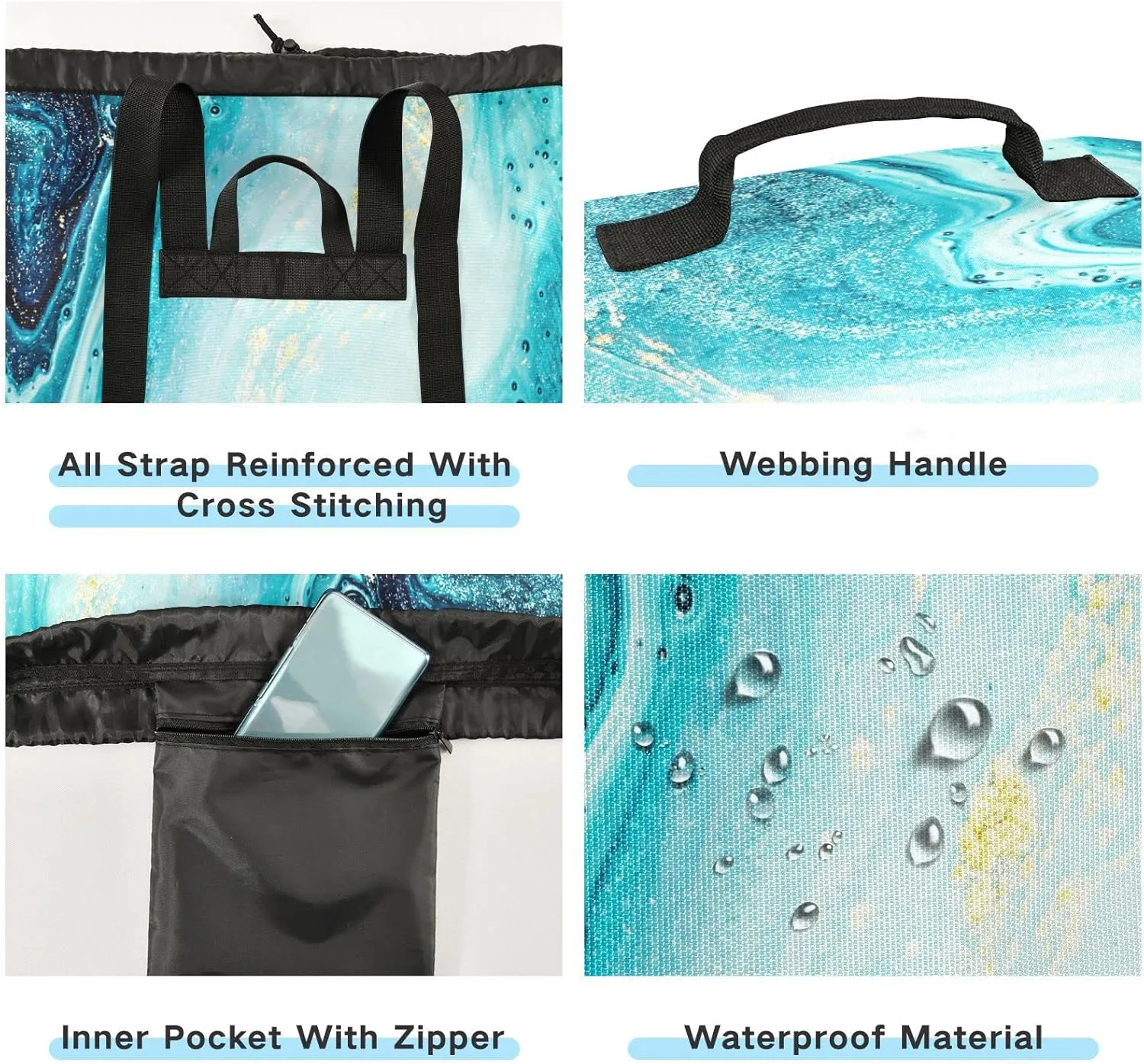 Oyihfvs Turquoise Paint Abstract Marine Art Luxury Marble Agate Ripples Backpack Laundry Bag, Laundry Backpack with Shoulder Straps, Waterproof Nylon Clothes Hamper Bag for Men Women Yoga Backpack