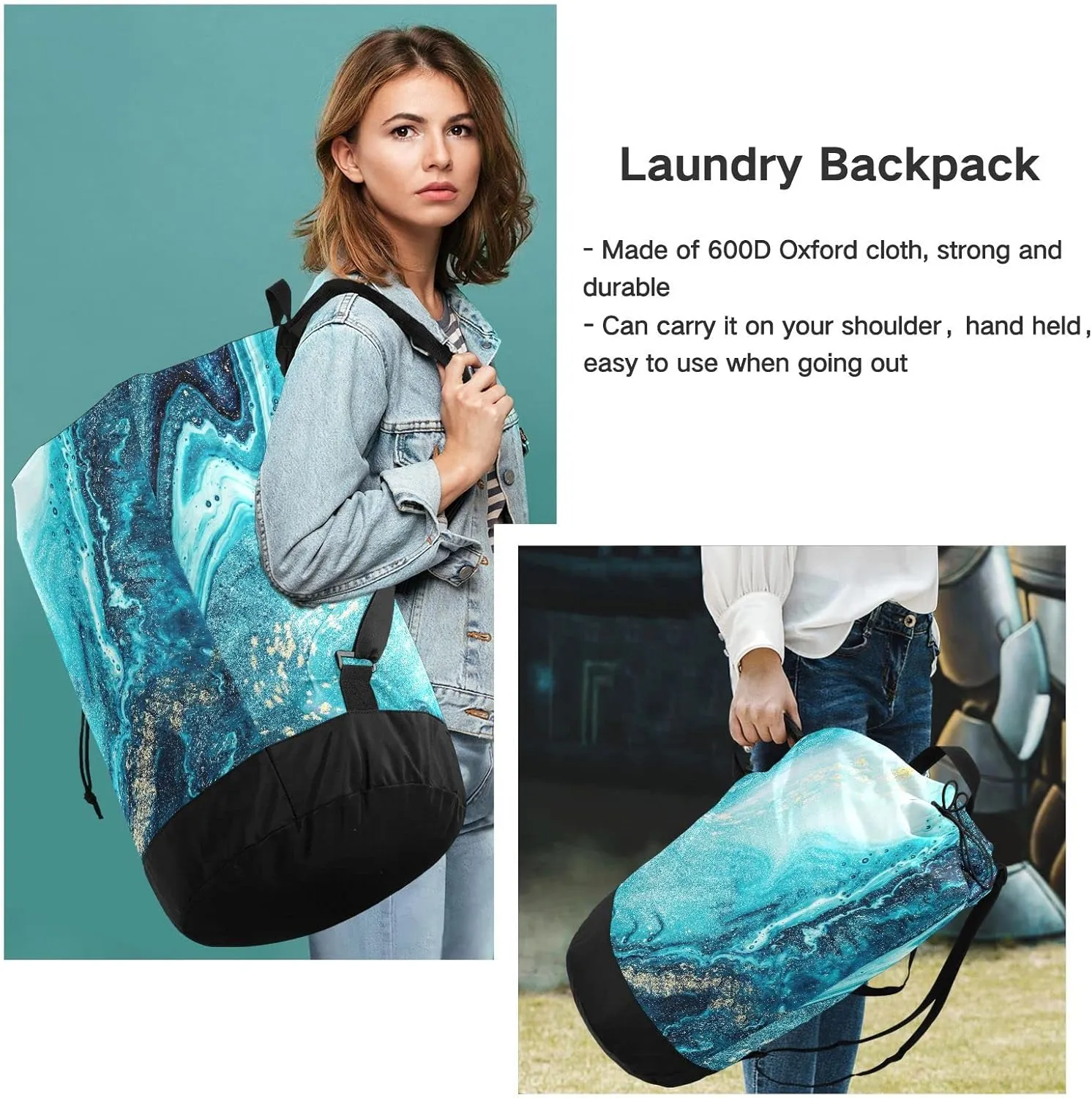 Oyihfvs Turquoise Paint Abstract Marine Art Luxury Marble Agate Ripples Backpack Laundry Bag, Laundry Backpack with Shoulder Straps, Waterproof Nylon Clothes Hamper Bag for Men Women Yoga Backpack