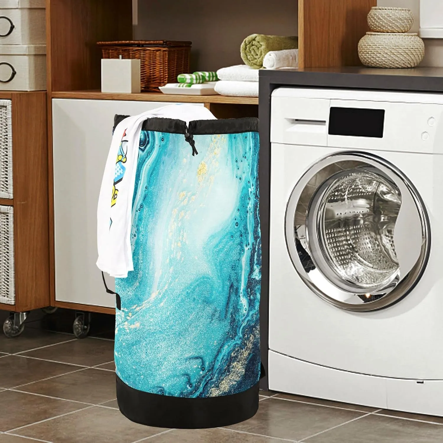Oyihfvs Turquoise Paint Abstract Marine Art Luxury Marble Agate Ripples Backpack Laundry Bag, Laundry Backpack with Shoulder Straps, Waterproof Nylon Clothes Hamper Bag for Men Women Yoga Backpack