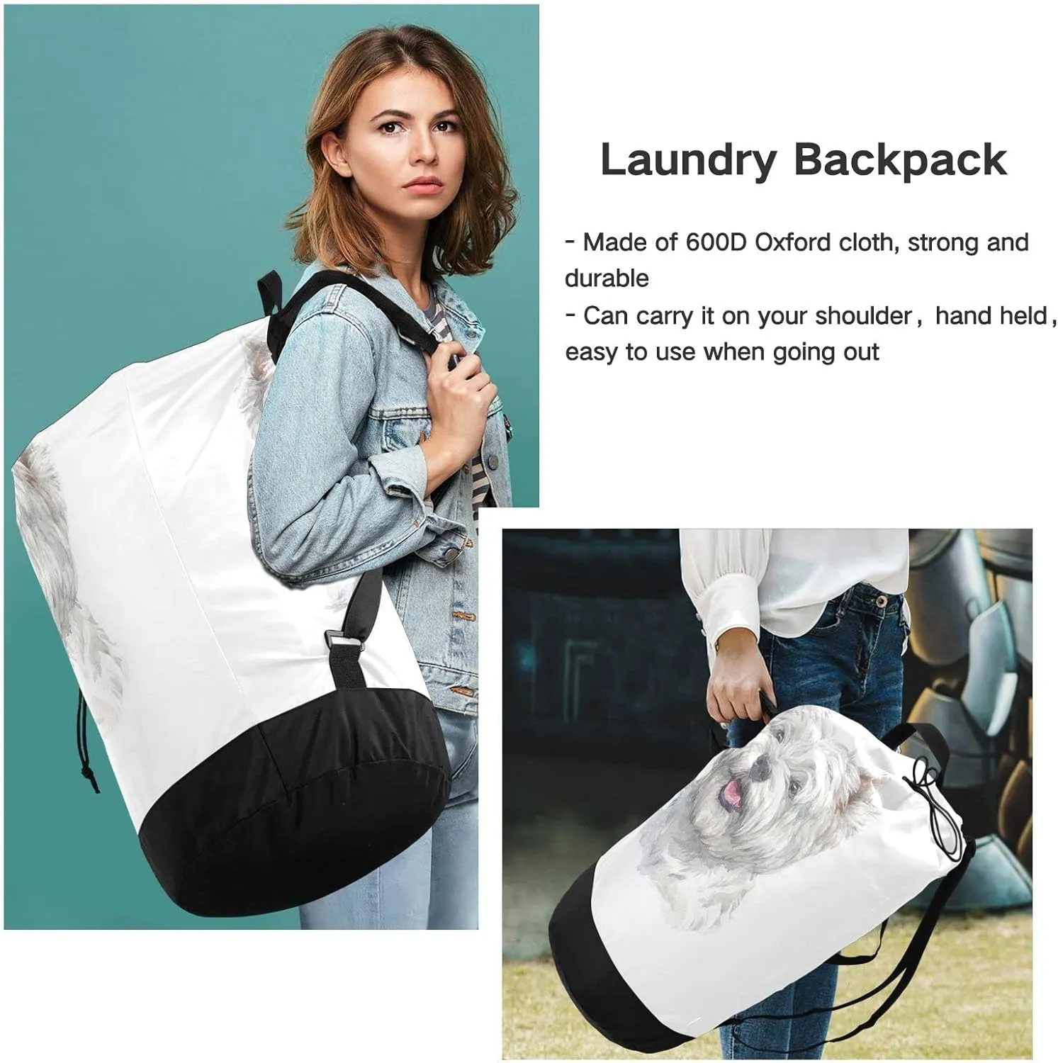 Oyihfvs West Highland White Terrier Breed Dog Painting on White Backpack Laundry Bag, Laundry Backpack with Shoulder Straps, Waterproof Nylon Clothes Hamper Bag for Men Women Yoga Backpack