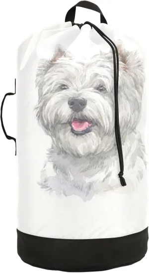 Oyihfvs West Highland White Terrier Breed Dog Painting on White Backpack Laundry Bag, Laundry Backpack with Shoulder Straps, Waterproof Nylon Clothes Hamper Bag for Men Women Yoga Backpack