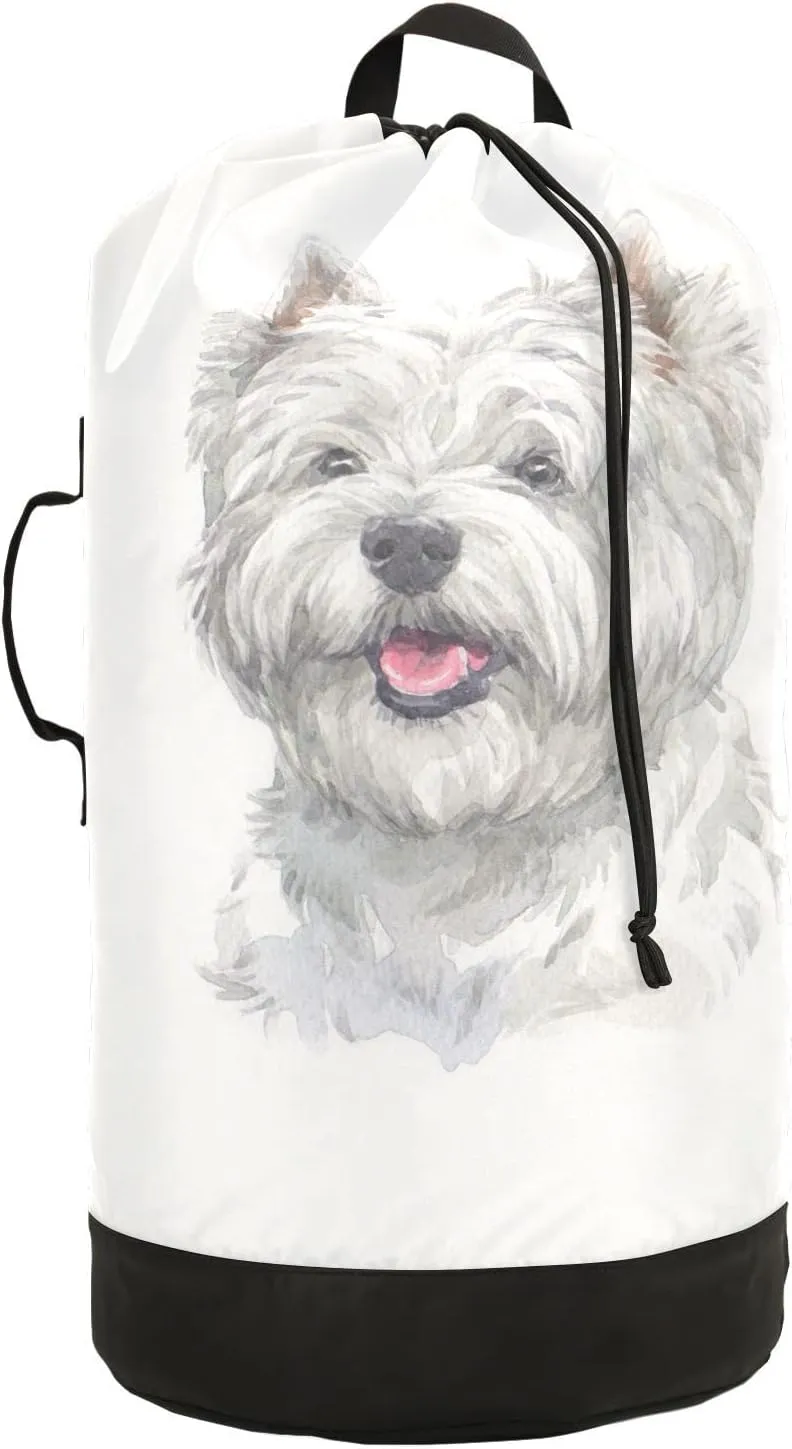 Oyihfvs West Highland White Terrier Breed Dog Painting on White Backpack Laundry Bag, Laundry Backpack with Shoulder Straps, Waterproof Nylon Clothes Hamper Bag for Men Women Yoga Backpack