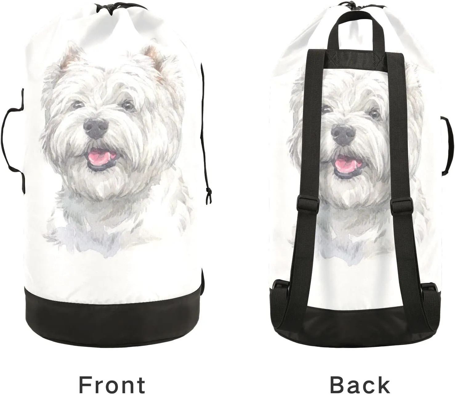 Oyihfvs West Highland White Terrier Breed Dog Painting on White Backpack Laundry Bag, Laundry Backpack with Shoulder Straps, Waterproof Nylon Clothes Hamper Bag for Men Women Yoga Backpack