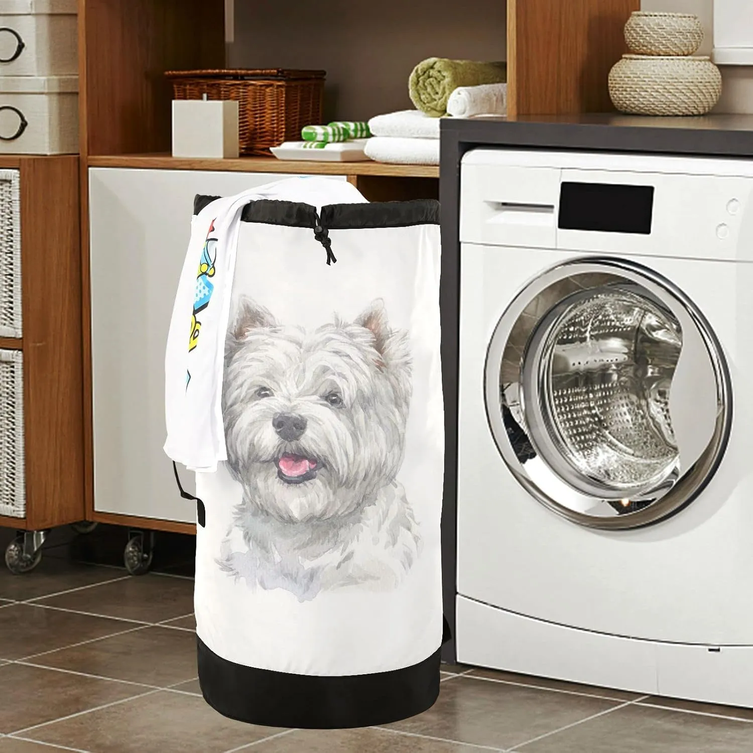 Oyihfvs West Highland White Terrier Breed Dog Painting on White Backpack Laundry Bag, Laundry Backpack with Shoulder Straps, Waterproof Nylon Clothes Hamper Bag for Men Women Yoga Backpack
