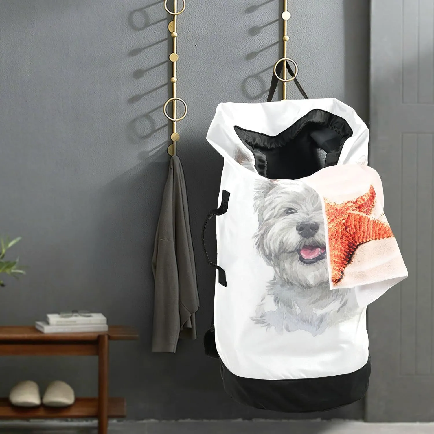 Oyihfvs West Highland White Terrier Breed Dog Painting on White Backpack Laundry Bag, Laundry Backpack with Shoulder Straps, Waterproof Nylon Clothes Hamper Bag for Men Women Yoga Backpack