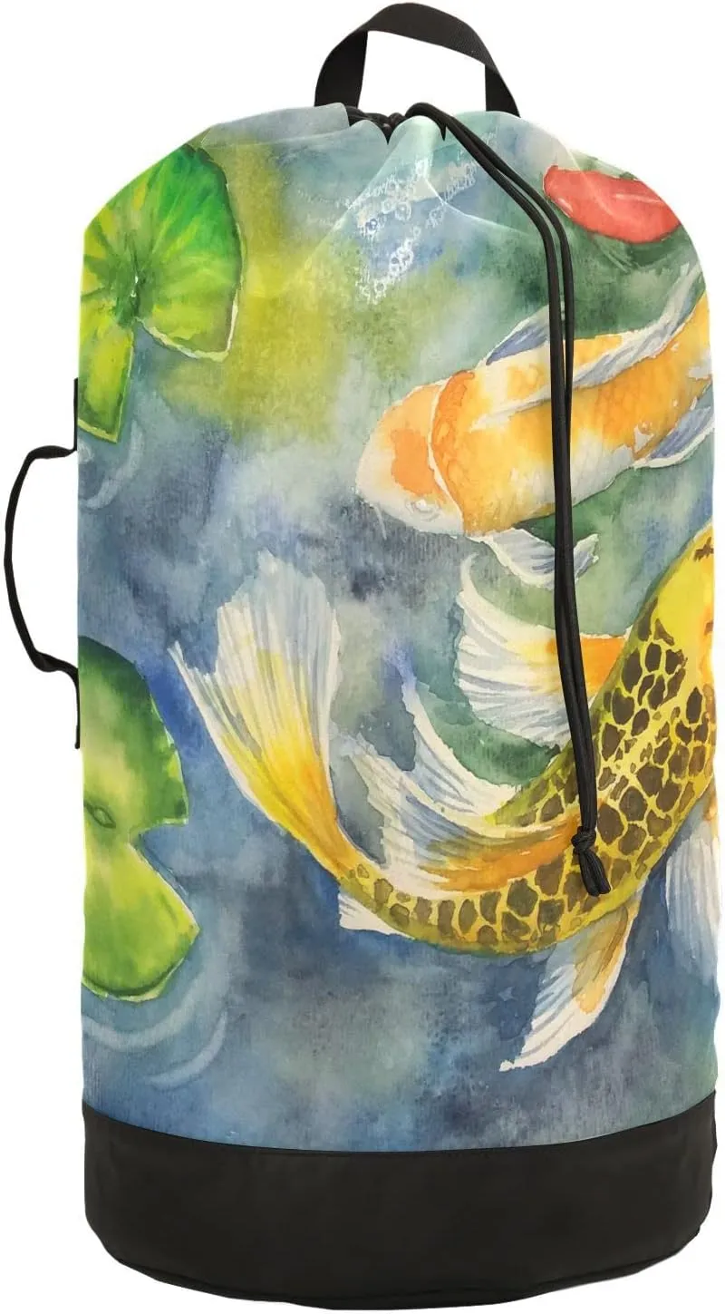 Oyihfvs Yellow Gold Three Carp Fishes Swimming and Water Lilies in Pond Backpack Laundry Bag, Laundry Backpack with Shoulder Straps, Waterproof Nylon Clothes Hamper Bag for Men Women Yoga Backpack