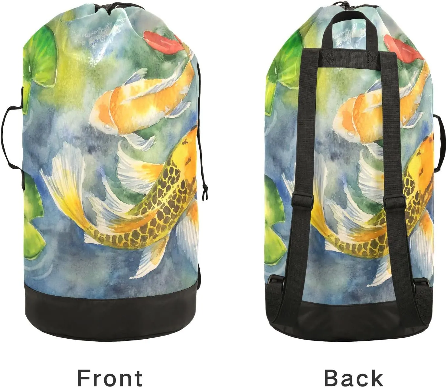 Oyihfvs Yellow Gold Three Carp Fishes Swimming and Water Lilies in Pond Backpack Laundry Bag, Laundry Backpack with Shoulder Straps, Waterproof Nylon Clothes Hamper Bag for Men Women Yoga Backpack
