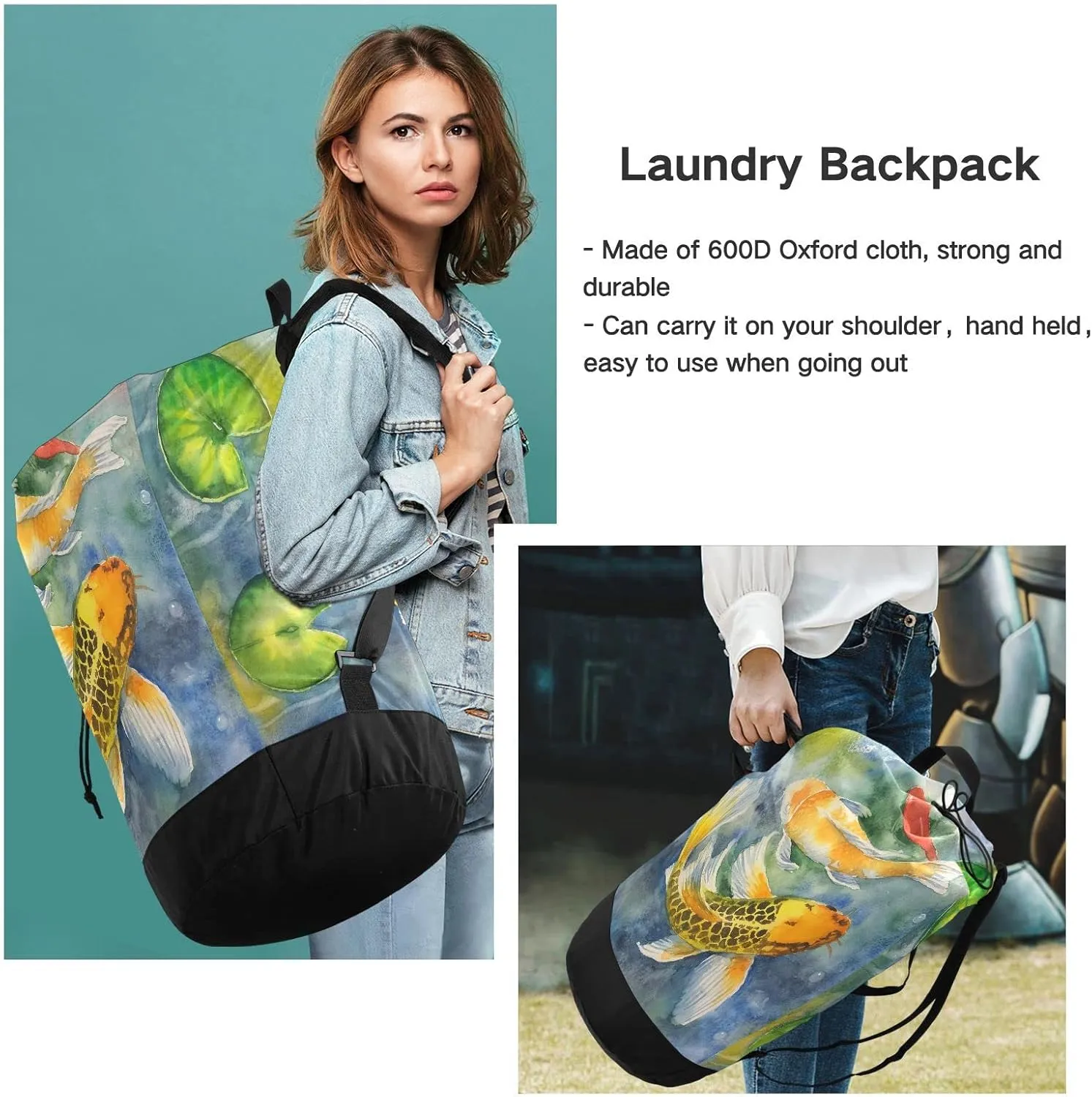 Oyihfvs Yellow Gold Three Carp Fishes Swimming and Water Lilies in Pond Backpack Laundry Bag, Laundry Backpack with Shoulder Straps, Waterproof Nylon Clothes Hamper Bag for Men Women Yoga Backpack