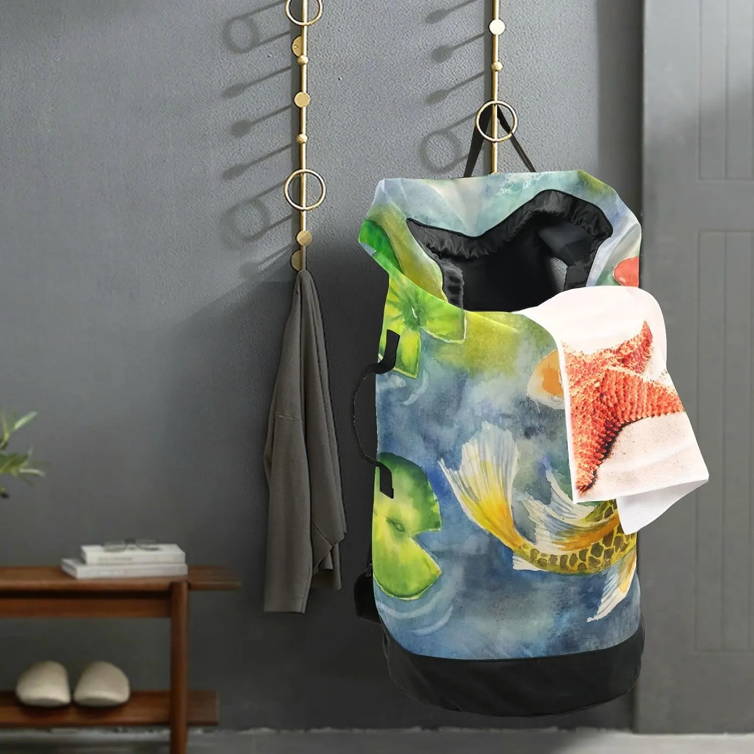 Oyihfvs Yellow Gold Three Carp Fishes Swimming and Water Lilies in Pond Backpack Laundry Bag, Laundry Backpack with Shoulder Straps, Waterproof Nylon Clothes Hamper Bag for Men Women Yoga Backpack