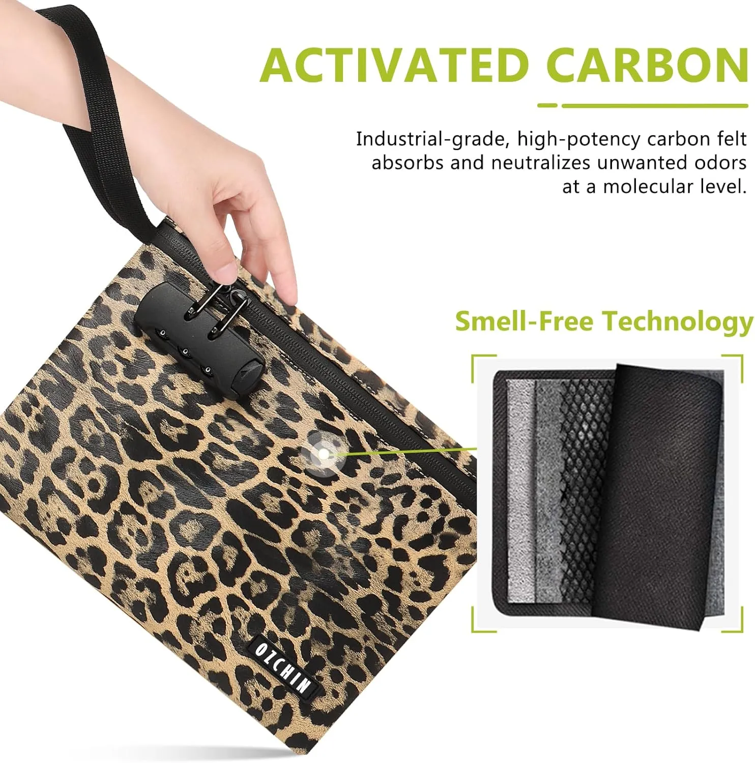 OZCHIN Smell Proof Bag with Combination Lock 10'' X 7'' Locking Bag PU Leather Waterproof Lockable Case Great Gifts Ideal Leopard