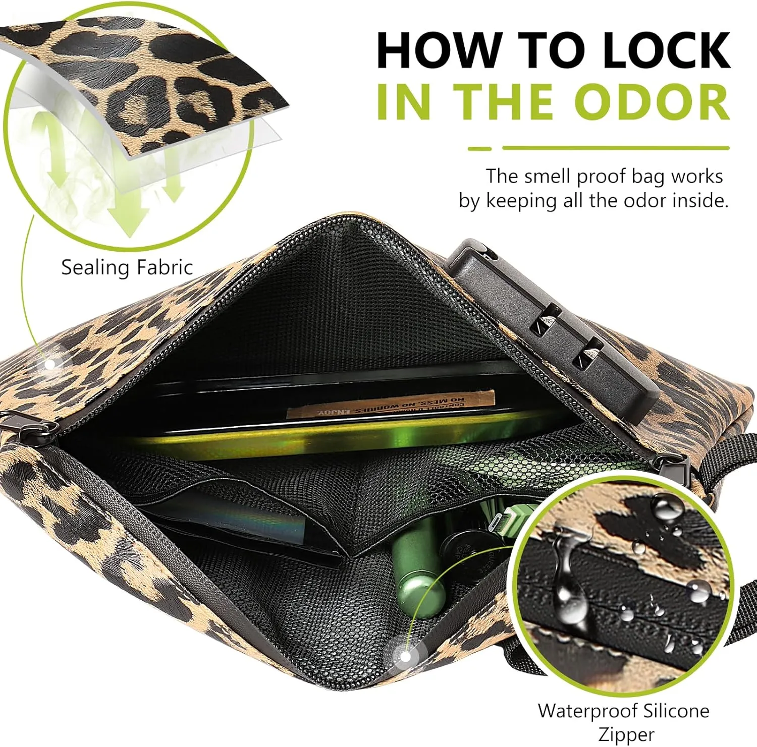 OZCHIN Smell Proof Bag with Combination Lock 10'' X 7'' Locking Bag PU Leather Waterproof Lockable Case Great Gifts Ideal Leopard