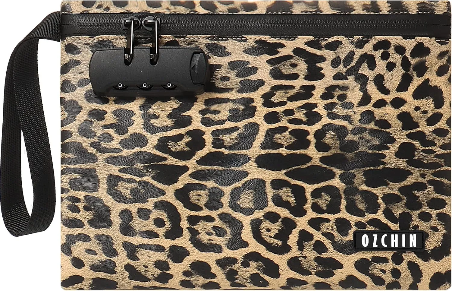 OZCHIN Smell Proof Bag with Combination Lock 10'' X 7'' Locking Bag PU Leather Waterproof Lockable Case Great Gifts Ideal Leopard