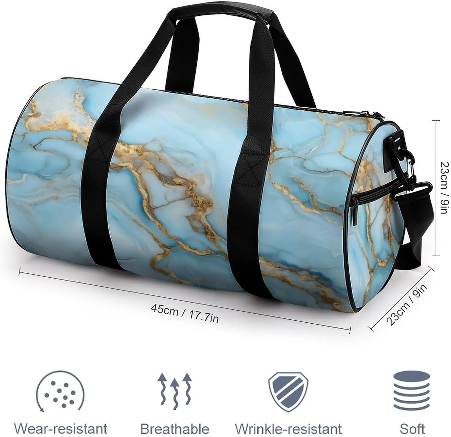 Pastel Light Blue Hues with Gold Streaks Marble Texture Travel Gym Bag for Women Men Elegant And Luxurious Abstract Pattern Cylindrical Duffle Bag Sport Workout Bag with Shoulder Strap