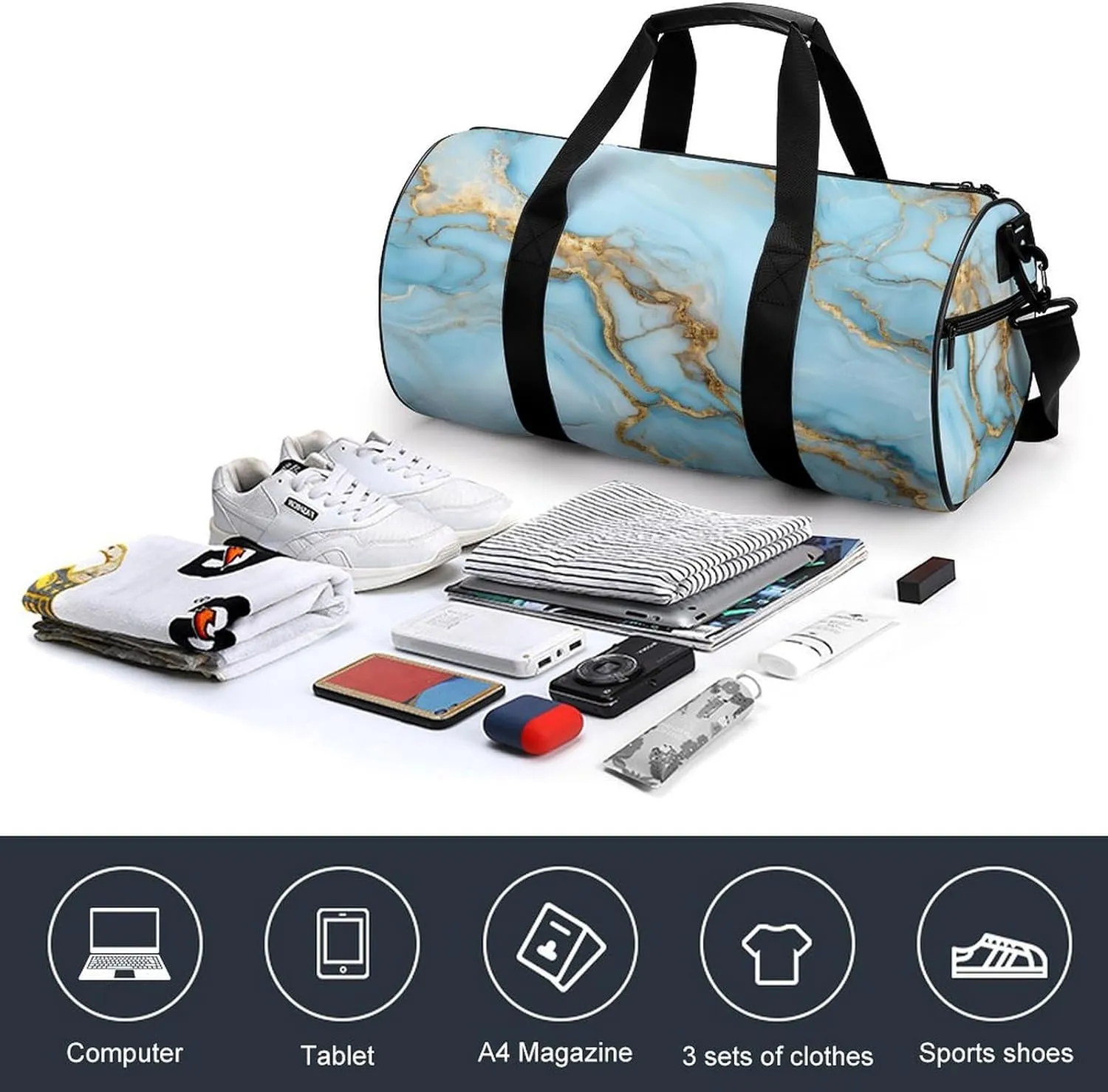 Pastel Light Blue Hues with Gold Streaks Marble Texture Travel Gym Bag for Women Men Elegant And Luxurious Abstract Pattern Cylindrical Duffle Bag Sport Workout Bag with Shoulder Strap