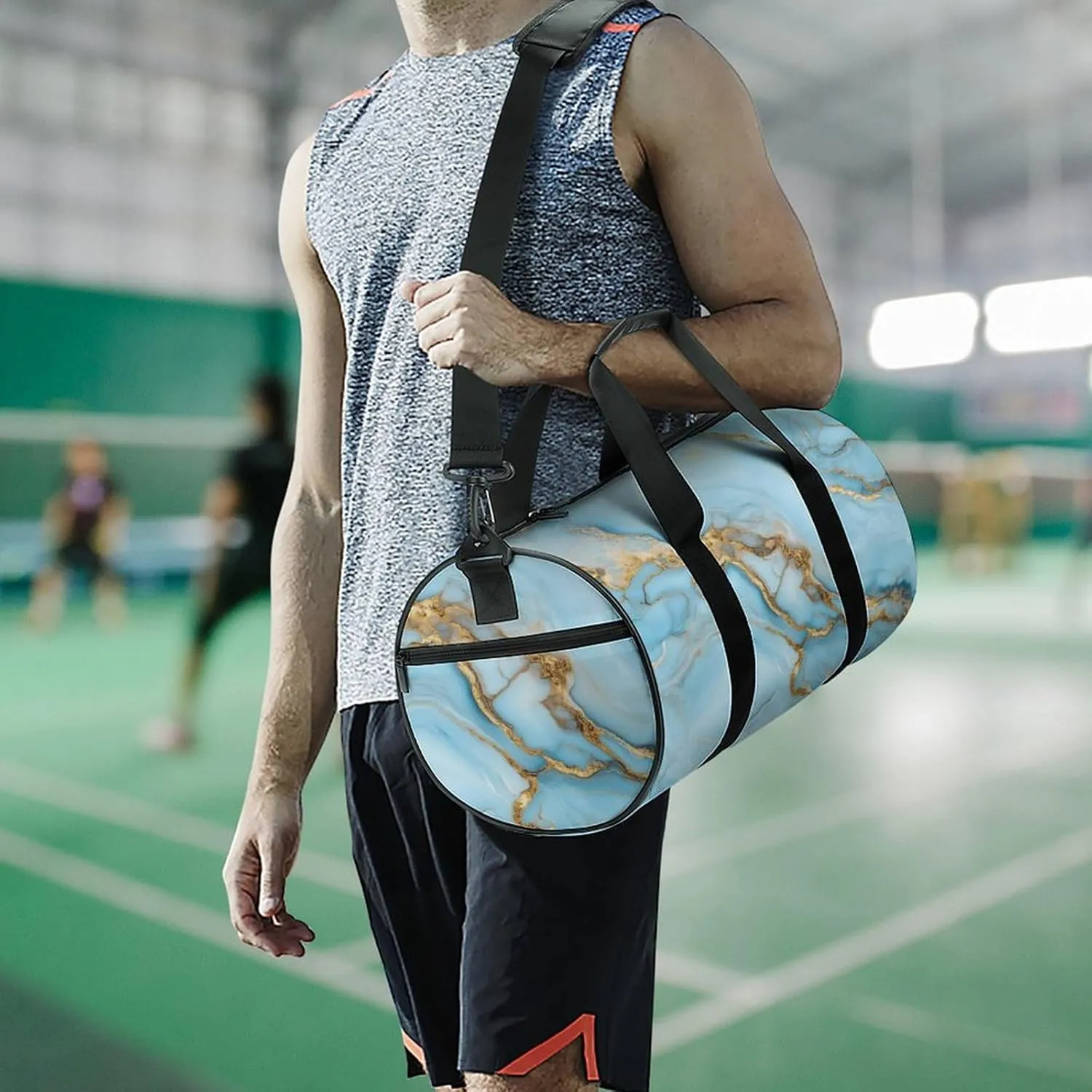 Pastel Light Blue Hues with Gold Streaks Marble Texture Travel Gym Bag for Women Men Elegant And Luxurious Abstract Pattern Cylindrical Duffle Bag Sport Workout Bag with Shoulder Strap