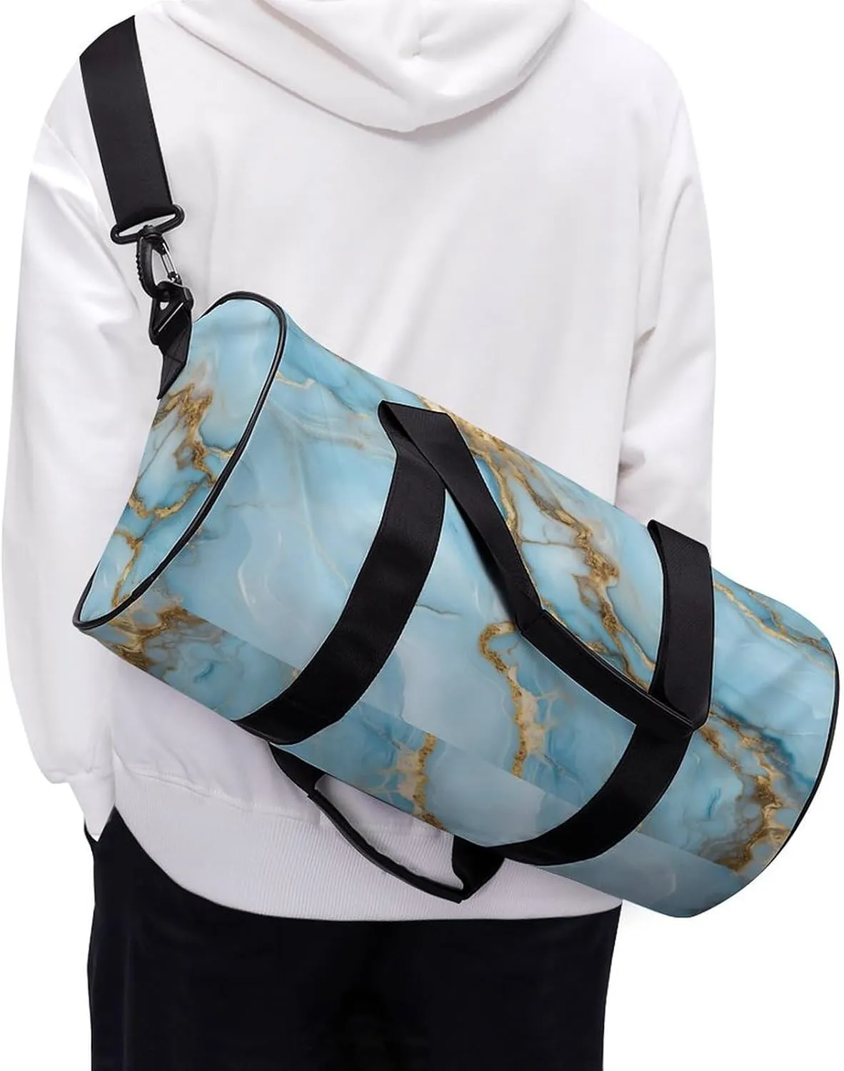 Pastel Light Blue Hues with Gold Streaks Marble Texture Travel Gym Bag for Women Men Elegant And Luxurious Abstract Pattern Cylindrical Duffle Bag Sport Workout Bag with Shoulder Strap
