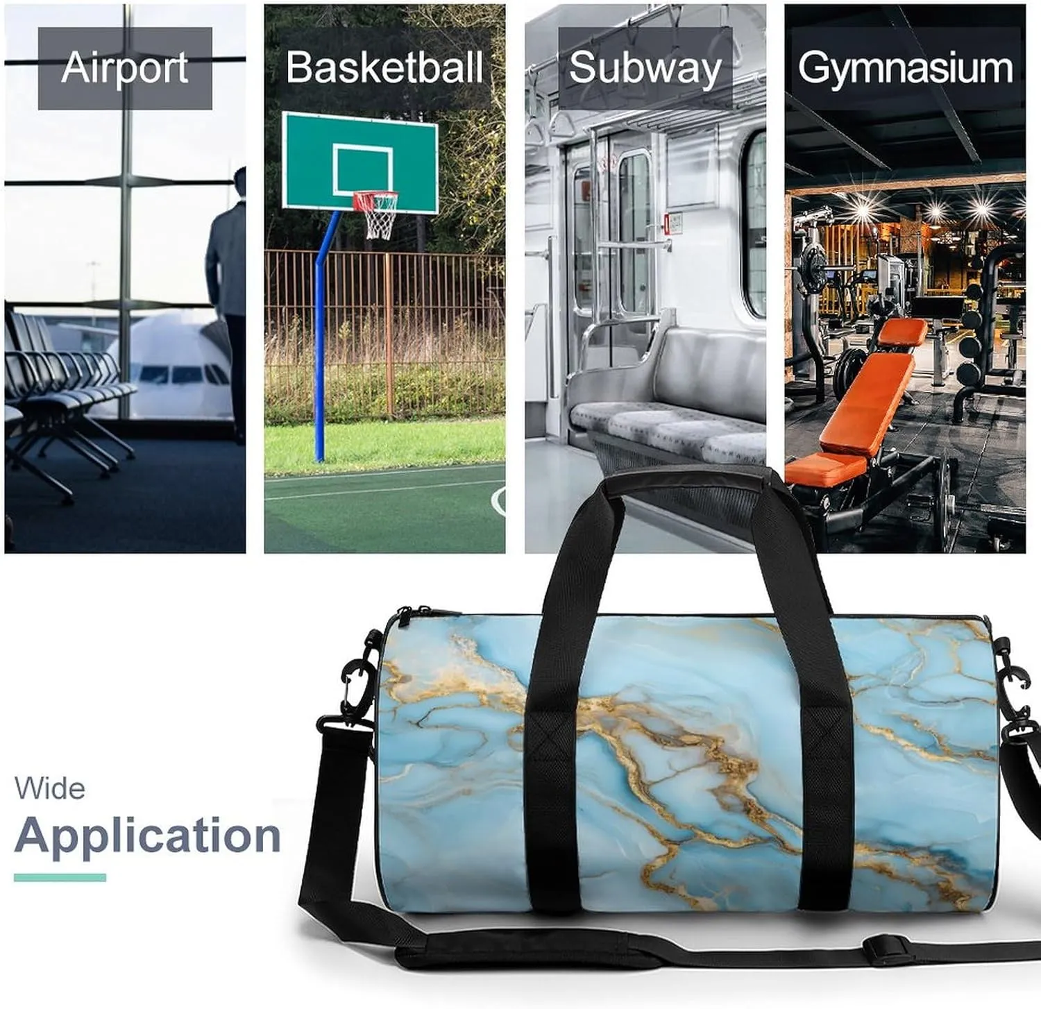 Pastel Light Blue Hues with Gold Streaks Marble Texture Travel Gym Bag for Women Men Elegant And Luxurious Abstract Pattern Cylindrical Duffle Bag Sport Workout Bag with Shoulder Strap
