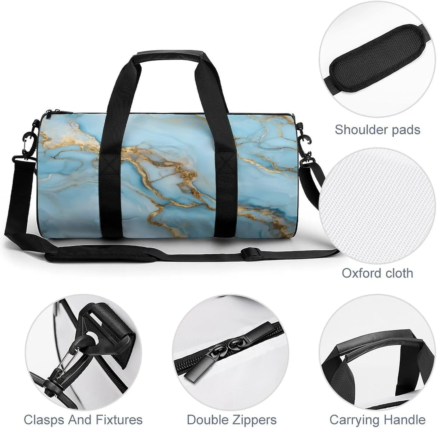 Pastel Light Blue Hues with Gold Streaks Marble Texture Travel Gym Bag for Women Men Elegant And Luxurious Abstract Pattern Cylindrical Duffle Bag Sport Workout Bag with Shoulder Strap