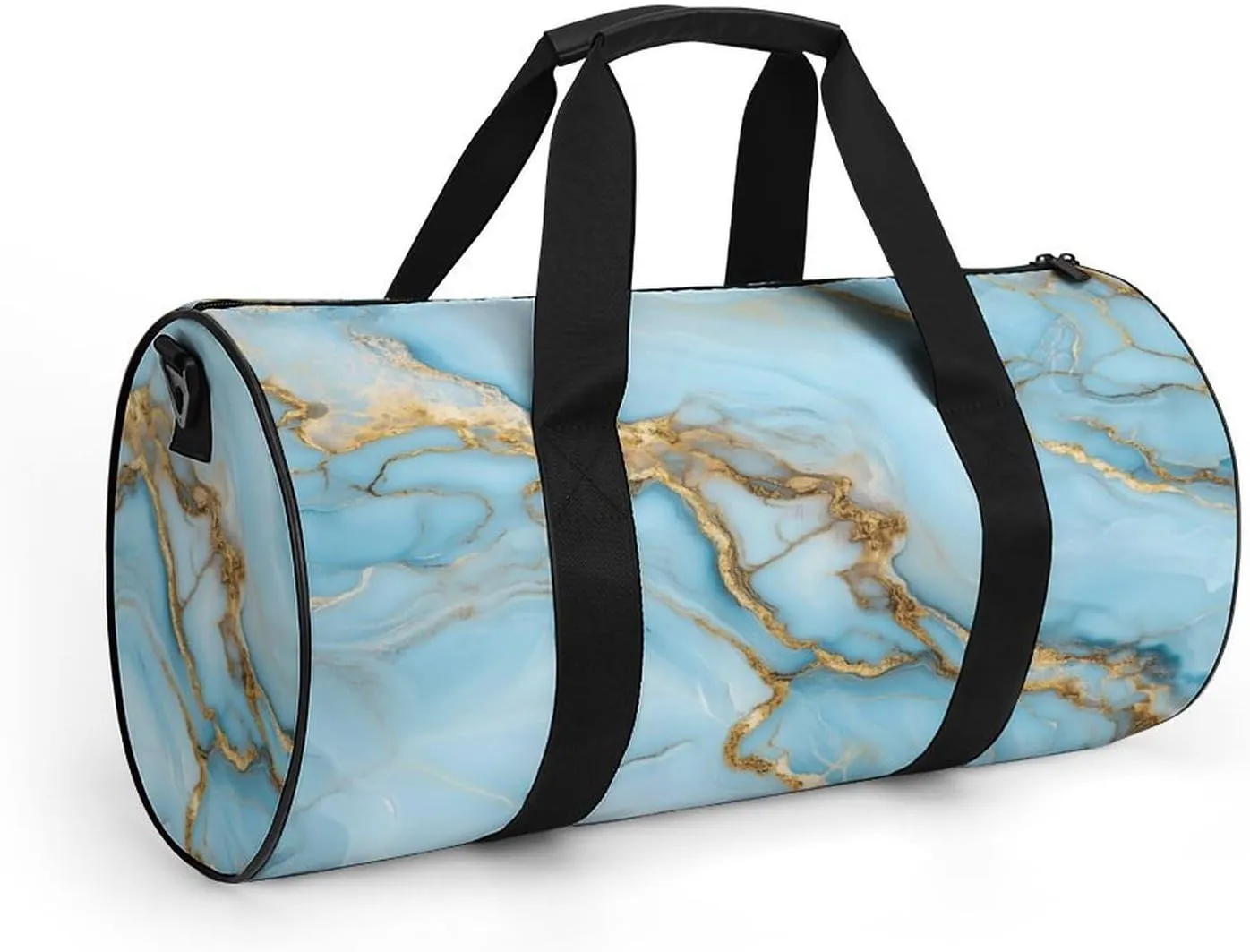 Pastel Light Blue Hues with Gold Streaks Marble Texture Travel Gym Bag for Women Men Elegant And Luxurious Abstract Pattern Cylindrical Duffle Bag Sport Workout Bag with Shoulder Strap