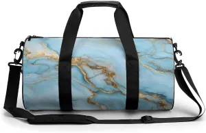 Pastel Light Blue Hues with Gold Streaks Marble Texture Travel Gym Bag for Women Men Elegant And Luxurious Abstract Pattern Cylindrical Duffle Bag Sport Workout Bag with Shoulder Strap