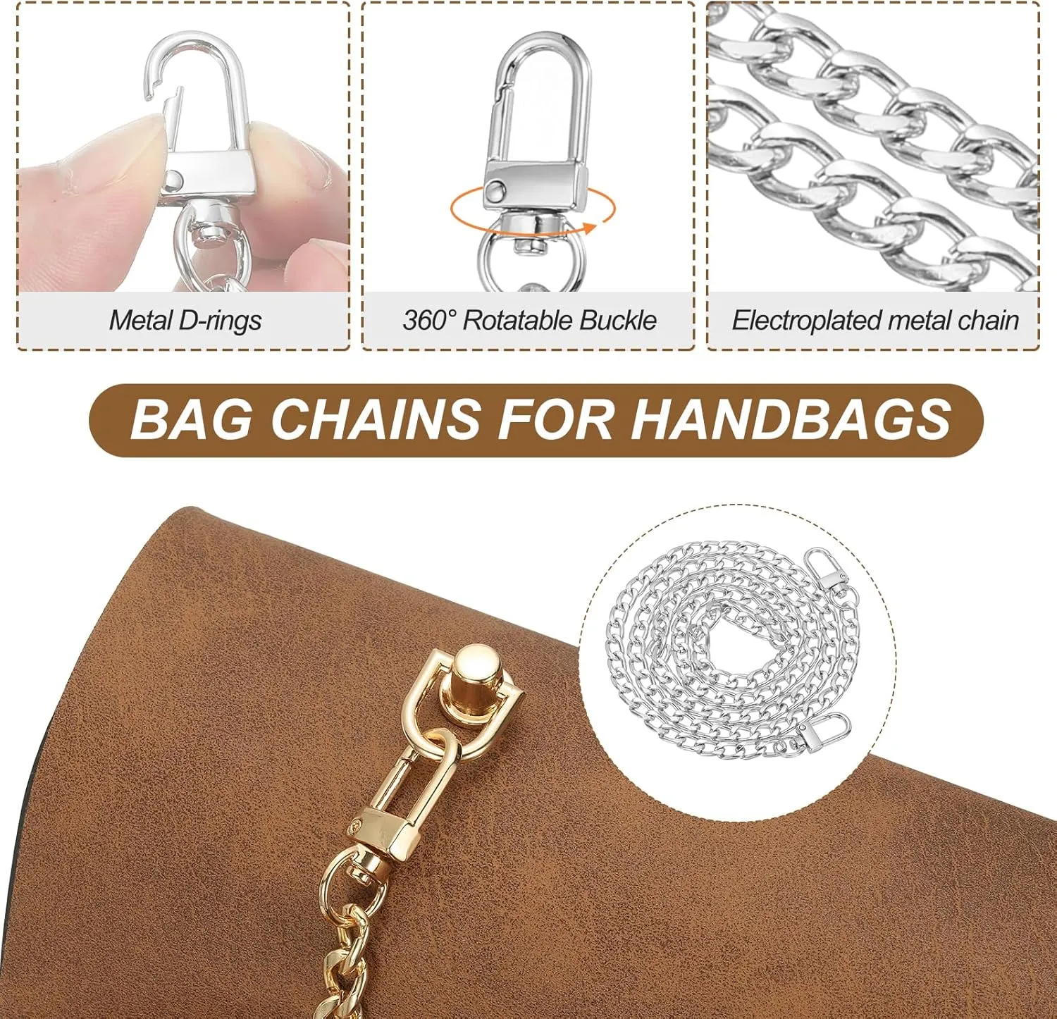 PATIKIL 47.2" Flat Purse Chain, 8 Pack Silver Chain Purse Strap Handbag Chains Crossbody Straps Extender for Tote Wallet Clutch Satchel Short Bag
